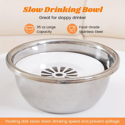 Pawque Raised 95Oz Slow Drinking Dog Water Bowl No Spill Medium Large Breed | Single Elevated Stainless Steel Water Bowl with Floating Disc, Stable Sturdy Base and Snap on Adjustable Height Stand3