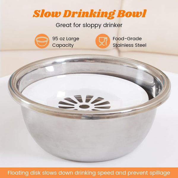 Pawque Raised 95Oz Slow Drinking Dog Water Bowl No Spill Medium Large Breed | Single Elevated Stainless Steel Water Bowl with Floating Disc, Stable Sturdy Base and Snap on Adjustable Height Stand3