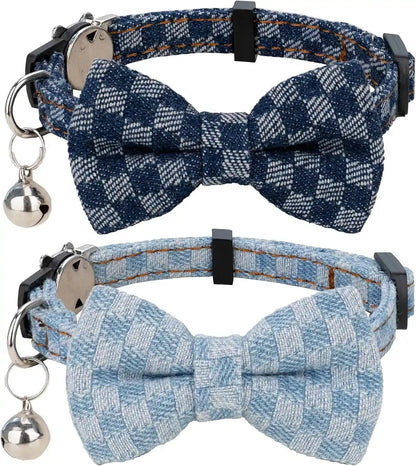Cat Collar Breakaway Bowtie Safety with Bell Adjustbale Kitten Puppy Solid Plaid Color Set D-[2Pcs] Pink-29