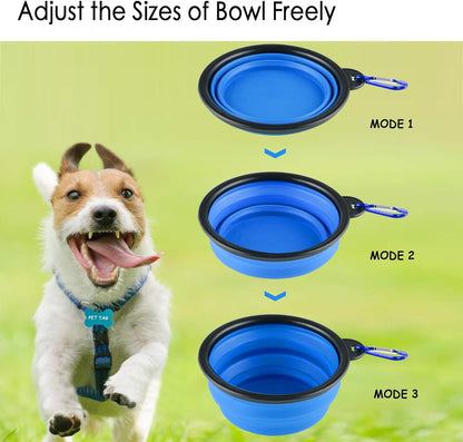 Collapsible Silicone Dog Bowls, 3-Pack Travel Pet Food Water Bowls | Orange, Green & Blue. 5.1 in Wide, 2.1 in Tall, Folds to 0.5 In. Holds 12 Oz Water or 1.5 Cups Food. Includes ID Tag.3