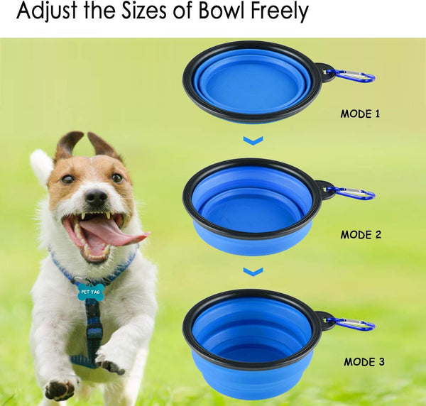 Collapsible Silicone Dog Bowls, 3-Pack Travel Pet Food Water Bowls | Orange, Green & Blue. 5.1 in Wide, 2.1 in Tall, Folds to 0.5 In. Holds 12 Oz Water or 1.5 Cups Food. Includes ID Tag.3