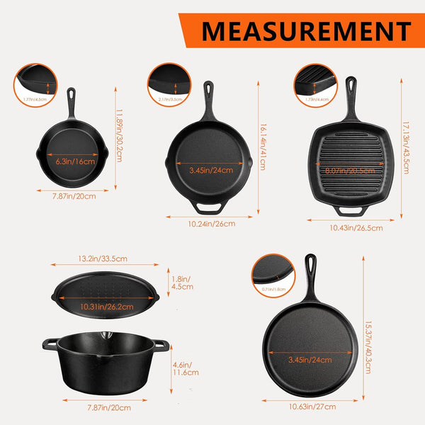 6 Piece Pre-Seasoned Cast Iron Cookware Set – Incl. 5QT Dutch Oven with Lid, 8'' and 10.25'' Cast Iron Skillets, 10.5'' round Griddle, and a Square Grill Pan for Kitchen, Stovetop, & Camping2