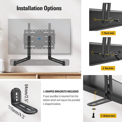 Soundbar Mount Bracket Fits Most of Soundbars up to 15 Lbs | Sound Bar Mount for Mounting above or under TV, with Detachable Long Extension Plates, MD54205