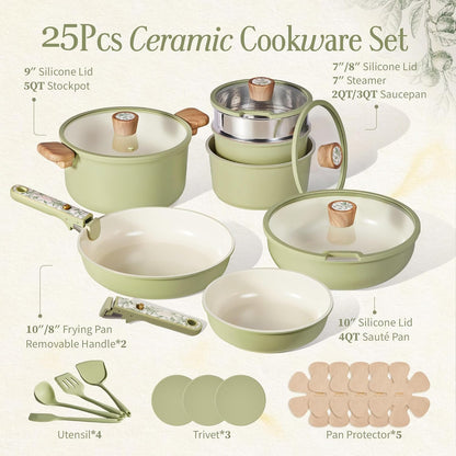 25Pcs Ceramic Cookware Sets, Nonstick Pots and Pans Set Non Toxic | Space Saving, Detachable Handle, Dishwasher & Oven Safe, PFAS Free, Kitchen/Apartment/Camping/Rv/ Traveling Cooking Sets2