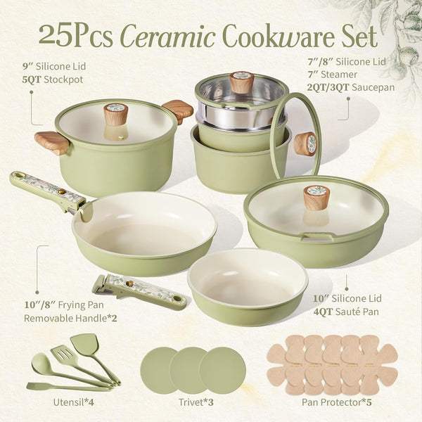 25Pcs Ceramic Cookware Sets, Nonstick Pots and Pans Set Non Toxic | Space Saving, Detachable Handle, Dishwasher & Oven Safe, PFAS Free, Kitchen/Apartment/Camping/Rv/ Traveling Cooking Sets2