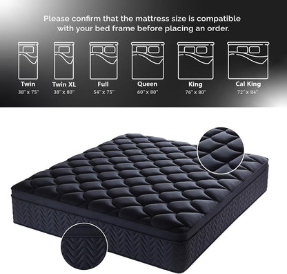 Premium 12 Inch Queen Size Mattress - Black Diamond Quilted, Individual Pocket Spring & Memory Foam Top, Luxurious Support, Pressure Relief, Mot7
