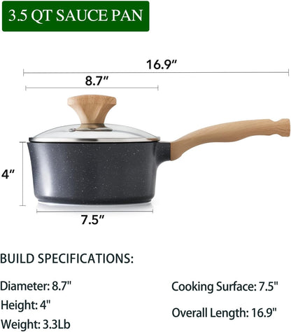 Nonstick Saucepan with Lid, 3.5 Quart German Greblon Ceramic Sauce Pan, Non Toxic Sauce Pot with Cover for Multipurpose Use, PTFE, PFOA & PFAS Free, Induction Compatible.4