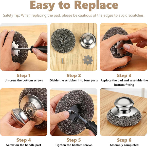 Steel Wool Scrubber, 4-Pack Stainless Steel Scrubber Pads with Handle - the Ultimate Scouring Solution for Rust, Stubborn Messes on Cookware, Grill, Oven & Kitchen Sinks5