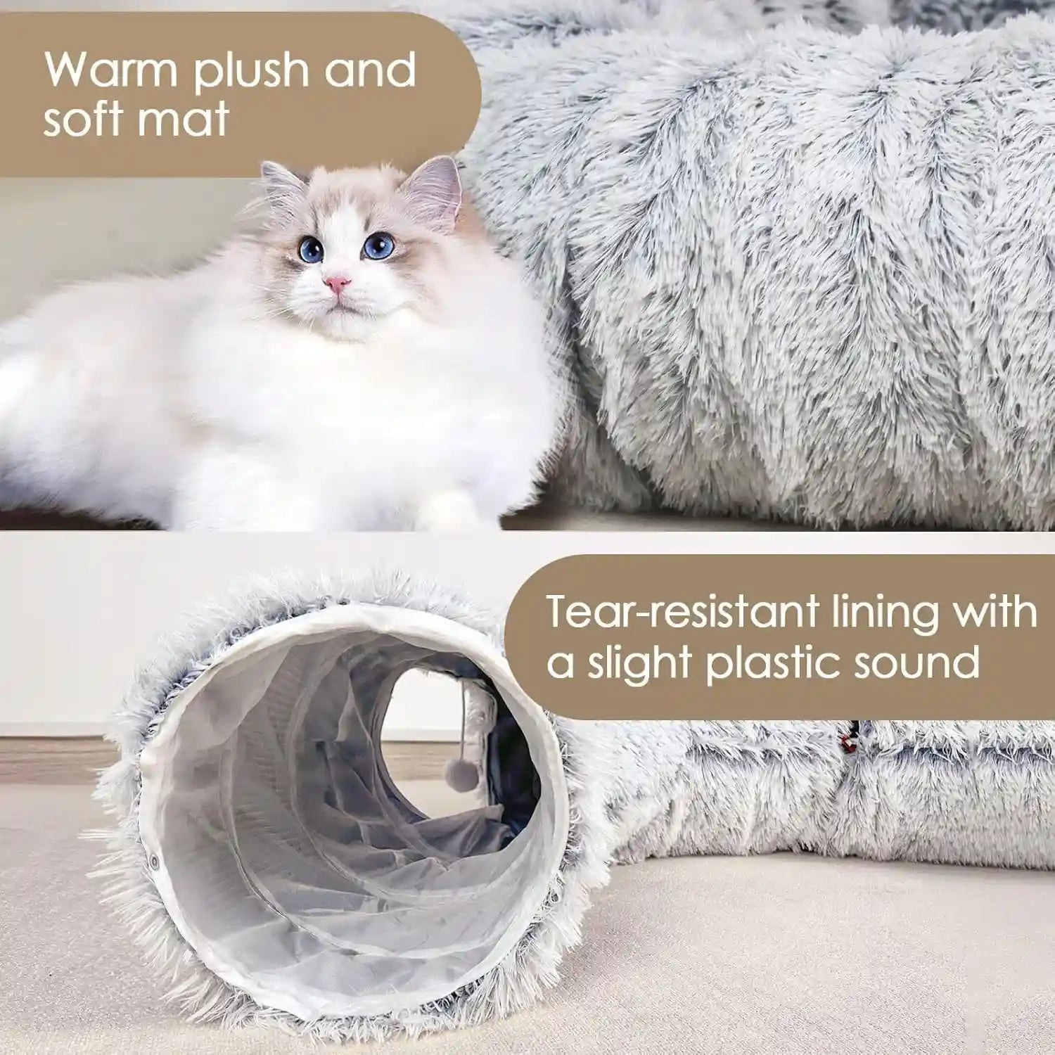 baseola-fuzzy-cat-tunnel-bed-for-indoor-cats-2-in-1-interactive-cat-toys-peekaboo-cat-cave-with-washable-mat-collapsible-cat-play-tunnel-for-kittens-small-pets-plush-cat-donut-bed-tunnel-grey