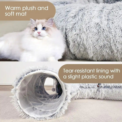 Baseola Fuzzy Cat Tunnel Bed for Indoor Cats, 2-In-1 Interactive Cat Toys | Peekaboo Cat Cave with Washable Mat, Collapsible Cat Play Tunnel for Kittens & Small Pets, Plush Cat Donut Bed Tunnel, Grey2