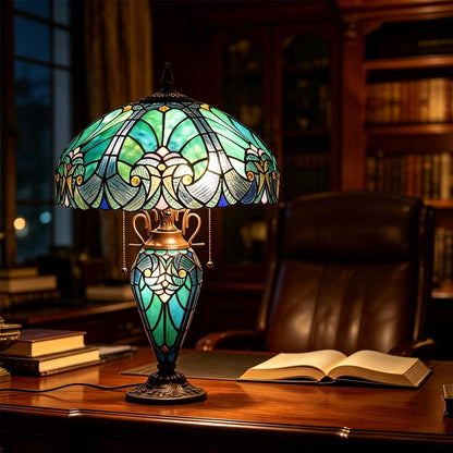 Tiffany Lamp 16" Cyan Green Stained Glass Table Lamp for Living Room | 3-Lights Victorian Style Turquoise Nightstand Bedside Desk Lamp with Nightlight for Bedroom Office W16" X H23"6
