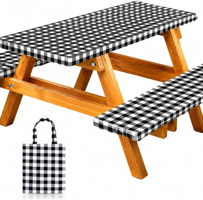 Vinyl Fitted Picnic Table Cover with Bench Covers & Bag 6Ft Black Checkered |  Outdoor Waterproof, Windproof Tablecloth with Elastic Edges. Camping RV Gear Campers Must Have 72X30 Inches1