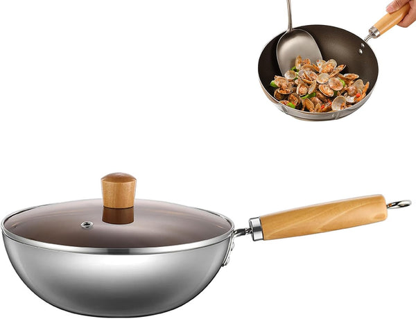 Titanium Wok with Lid, Non Stick Titanium Pans for Cooking, Ultra-Durable, Scratch-Resistant, Even Heating Frying Pans, Compatible with All Cooktops, Stainless Woks,7.87In1