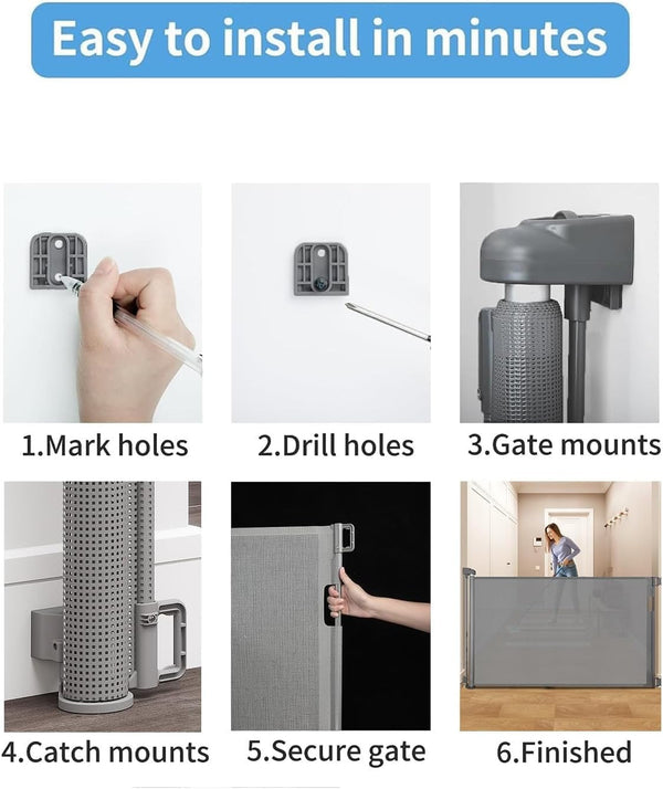 Retractable Baby Gate for Stairs – 33” Height, Expands up to 55” Width – Safety Gate for Infants, Toddlers, Dogs & Pets – Easy Install, Secure Closure, Gray Mesh Design for Indoor & Outdoor Use6