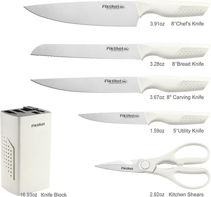 6-Piece Kitchen Knife Block Set, Apartment Essentials Knives | Built-In Sharpener, Dishwasher Safe, High Carbon Stainless Steel Blades, Rust-Resistant – Ideal College Student Gift, White7