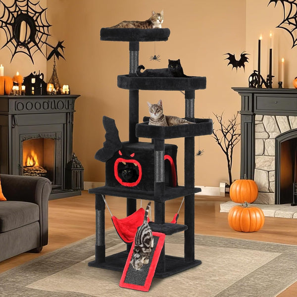 YITAHOME Gothic Cat Tree with Coffin Bed, 63" Tall Cat Tower for Indoor Cats with Top Perch, Spacious Cat Condos, Spider Hanging Balls,Comfy Hammock, Scratching Post and Ladder, Black Halloween | Cat Tower with Top Perch, Spacious Cat Condos, Spider Hanging Balls, Comfy Hammock, Scratching Post and Ladder6