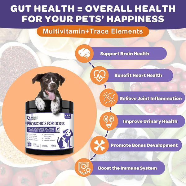 NATURE TARGET 6 Billion Freeze Dried Probiotics for Dogs, 120 Bites | with Prebiotics & Enzymes, Vitamins & Omega 3, Support Digestive & Gut Health, Itch Relief, Reduce Diarrhea6