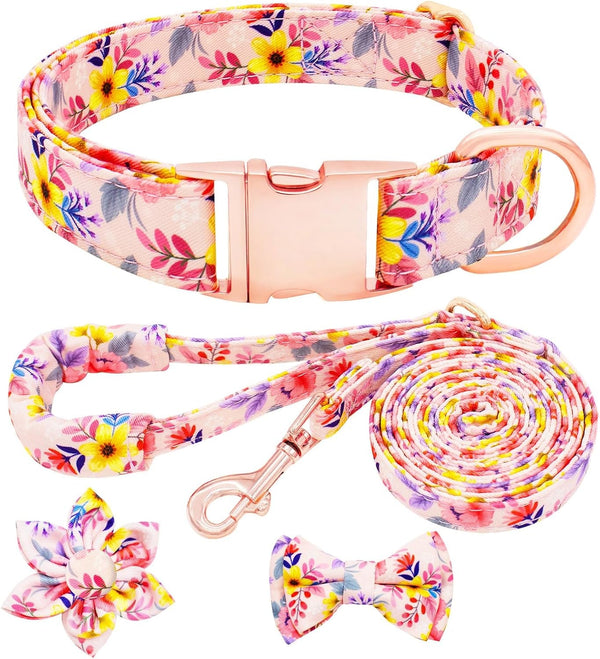 Dog Collar and Leash Set Girls Adjustable Puppy Collars with Floral Bow Tie for Small Medium Large Female Dogs, Orange Flower, S8