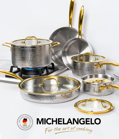 Triply Stainless Steel Pots and Pans Set, 10-Piece Hammered Stainless Steel Cookware Set with Golden Handle, Premium Induction Kitchen Cookware, Oven Safe7