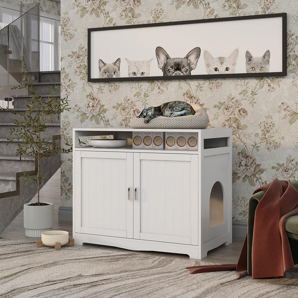 31.5" L White Cat Litter Box Enclosure with Hidden Plug & 2 Doors, Indoor Large Cat Washroom Storage Bench Side Table3