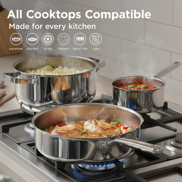 Tri-Ply Stainless Steel Cookware Set, 10Pcs Pots and Pans Set Non Toxic | PFOA Free, Oven Safe to 900℉, Dishwasher Safe, All Cooktop Compatible3