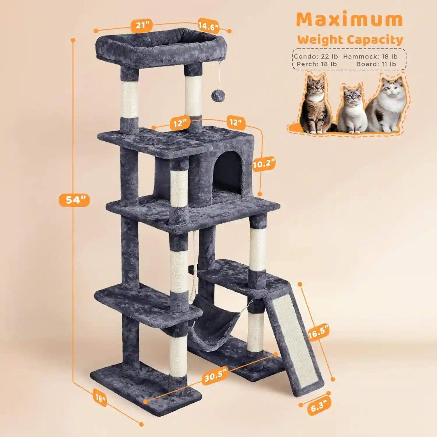 yaheetech-54in-cat-tree-tower-for-large-cats-multi-level-condo-hammock-sisal-scratching-posts-roomy-condo-holds-up-to-22-lb-a-wide-21-inch-top-perch-fit-large-cats-dark-gray
