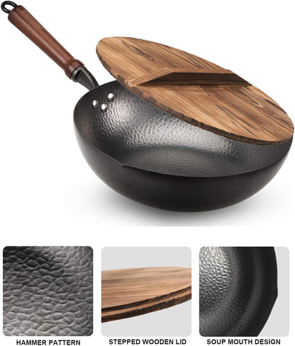 Wok Pan 12.5", Woks and Stir Fry Pans with Lid, Carbon Steel Wok with Cookware Accessories, Flat Bottom Suits for All Stoves4