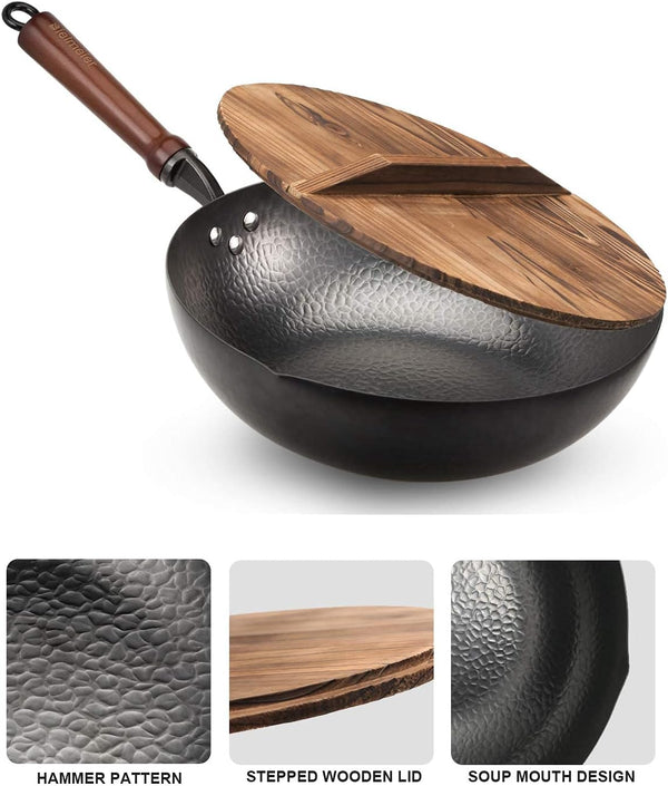 Wok Pan 12.5", Woks and Stir Fry Pans with Lid, Carbon Steel Wok with Cookware Accessories, Flat Bottom Suits for All Stoves4