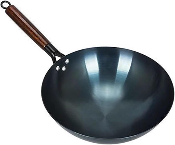 Iron Wok Stir Fry Pan, Chinese Traditional round Bottom Uncoated Nonstick Wok Wooden Single Handleiron Pot for Home and Restaurant(34Cm)1