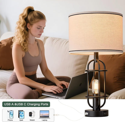 Black Table Lamps for Living Room Set of 2, 22.3" Farmhouse Lamps for Nightstand, Industrial Table Lamps for Bedroom with USB Ports, Bulbs Included2