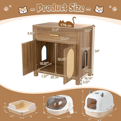 Cat Litter Box Enclosure Furniture, Hidden Litter Box Cabinet Cat House Side Table with Drawer & Sisal Scratch Pads, Wooden Pet Furniture for Living Room, Bedroom,Brown2