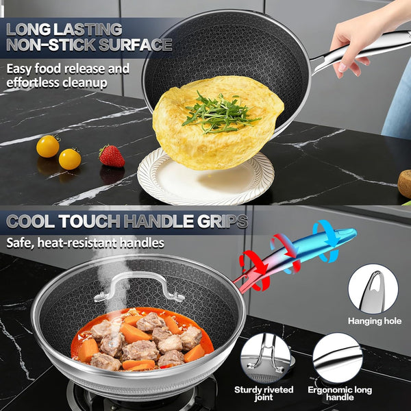 Woks & Stir-Fry Pans Nonstick - Hybrid 304 Stainless Steel Wok 10.8" Non Stick Wok Pan with Lid for Induction, Electric, Gas, All Stoves, PFOA Free Cookware, Dishwasher and Oven Safe4