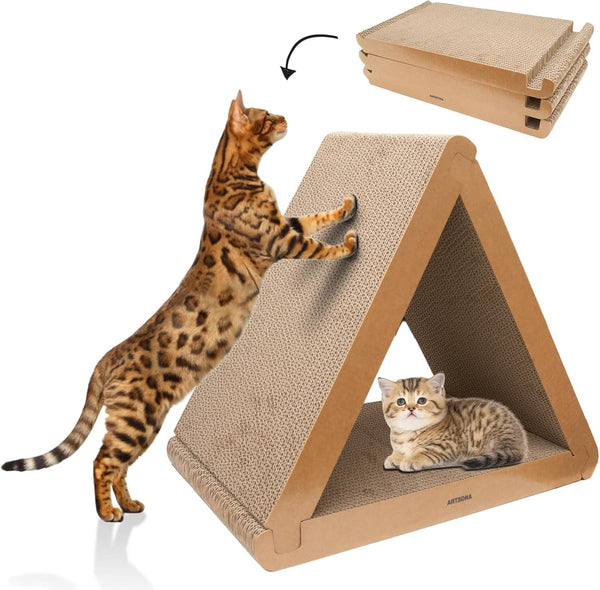 3 Pack Cardboard Cat Scratcher & Scratch Pad, Buildable Triangle Cat House W/ 6-Sided Use, Furniture Protection for Indoor Cats1