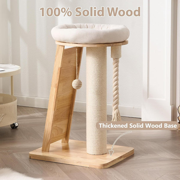 Modern Cat Tree Small Tower with Scratching Post for Indoor, 28 Inch Solid Wood Multifunctional Corner Cat Tree Tower with Bed, Dangling Ball,Interactive Rope, Scratching Board4