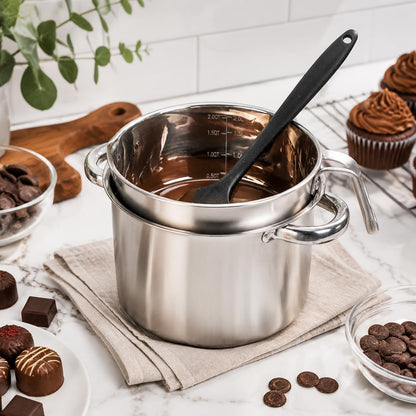 Double Boiler Pot Set with Silicone Spatula, 2000ML/1.8QT Chocolate Melting Pot with 2800ML/2.54QT Stainless Steel Pot, Candy Melting Pot, Chocolate Melter for Butter, Caramel, Cheese, Wax,3