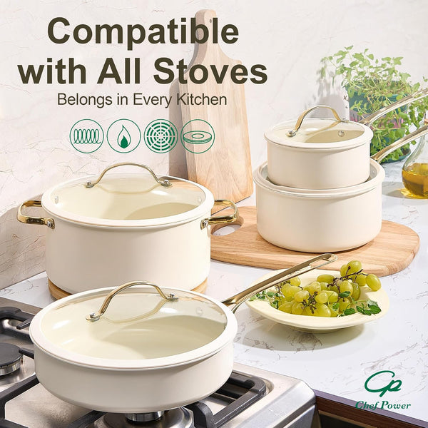 Ceramic Cookware Sets, 15Pcs Pots and Pans Set Non Stick, Cookware Set with Stainless Steel Handle, Dishwasher & Oven Safe, Cream White and Light Gold Handle5