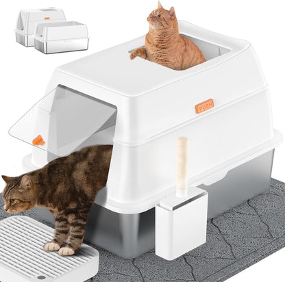 Stainless Steel Litter Box with Lid,Front Entry Top Exit Kitty Litterbox,Extra Large Enclosed Metal Cat Box with Litter Scoop & Litter Mat-Black10