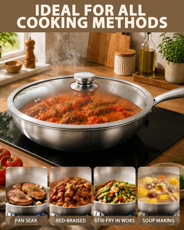 12.5-Inch Tri-Ply Stainless Steel Wok Pan with Lid | Detachable Handle | Stir-Frying Pan | Induction Wok | Dishwasher and Oven Safe | Heavy-Duty | Flat-Bottom6