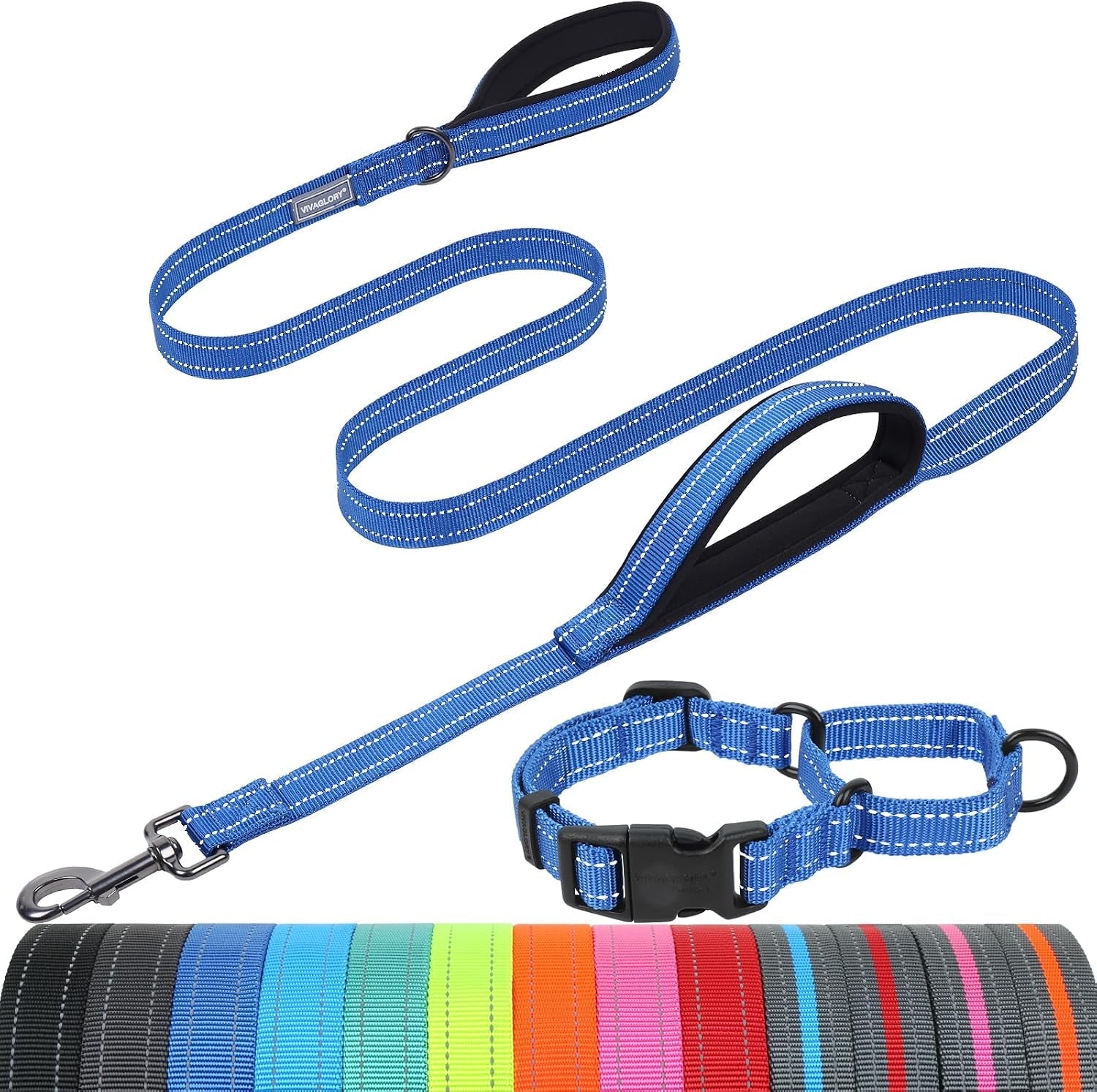 vivaglory-double-handle-dog-leash-twingrip-6ft-x-1in-navy-dog-leash-for-collar-with-traffic-handle-2-loop-for-walking-training-traffic-control-reflective-heavy-duty-puppy-pet