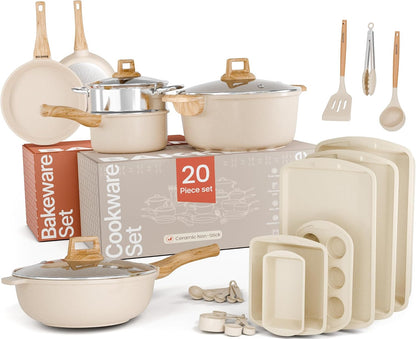 Bakken Master 20 Piece Cookware Set - Pots and Pans with Handle Grips and Tempered Glass Lids, with 6-Piece Bakeware Set, Nonstick Granite Coating, Ceramic Max Temperature (Up to 500° F), Cream1