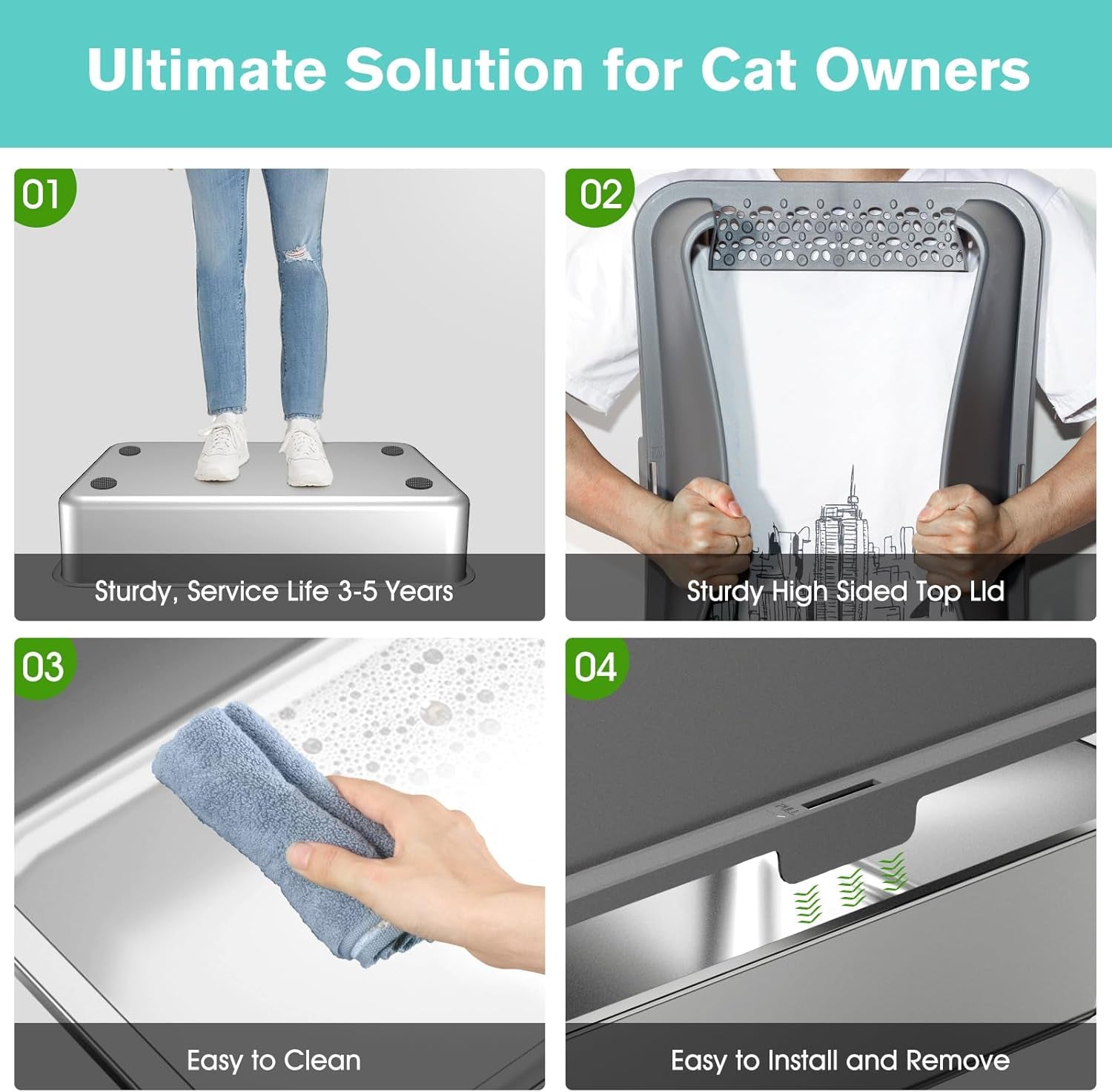 2pack-stainless-steel-cat-litter-box-with-high-sides-lid-extra-large-xl-litter-box-for-big-cats-metal-kitty-litter-boxes-with-anti-leakage-enclosure-non-stick-odorless-scoop-included