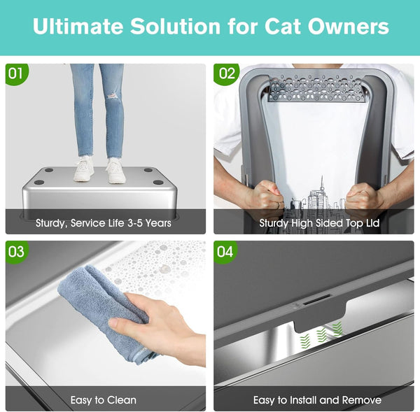 2PACK Stainless Steel Cat Litter Box with High Sides Lid, Extra Large XL Litter Box for Big Cats, Metal Kitty Litter Boxes with Anti-Leakage Enclosure,Non-Stick,Odorless,Scoop Included5