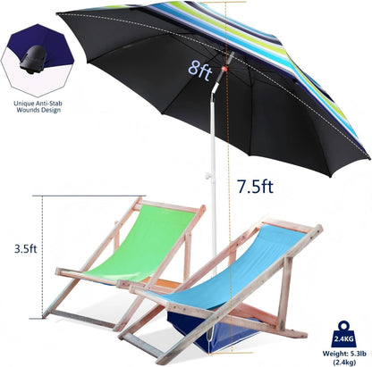 8FT Large Beach Umbrella with Wind Resistance Sand Anchor Sand Bag, Portable Outdoor Umbrella with UPF50+ UV Protection, Tilt Sun Shelter for Beach, Patio, Yard6