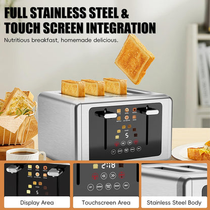 Smart 4 Slice Toaster with Touchscreen, Stainless Steel Digital Toasters with 1.5” Extra-Wide Slots, 6 Shade Settings & 6 Bread Types, Bagel/Defrost/Reheat/Cancel, Countdown Timer6