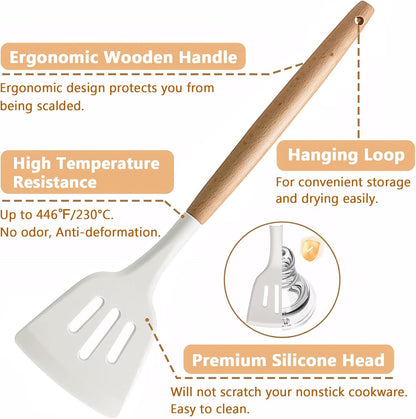 Kitchen Cooking Utensils Set 6Pcs Non-Stick Silicone Kitchen Utensils Spatula Spoon Turner Ladle Pasta Server, Heat Resistant Wooden Handle Silicone Cooking Gadgets Sets for Cookware & Baking2