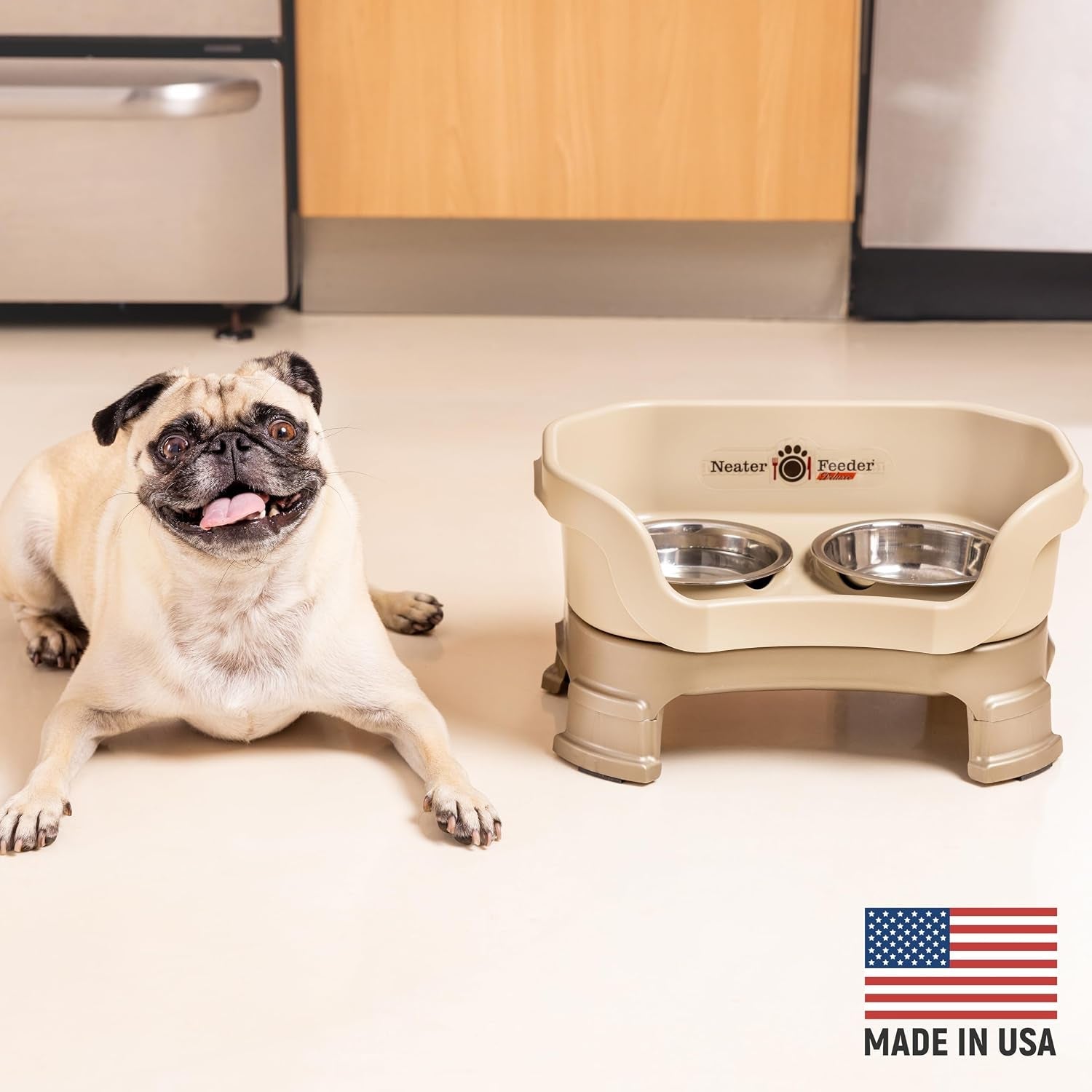 neater-feeder-deluxe-mess-proof-elevated-dog-bowls-for-small-dogs-up-to-19-lbs-2-height-adjustable-6-7-5-no-spill-raised-dog-bowl-stand-stainless-steel-food-bowl-set-made-in-usa-cappuccino