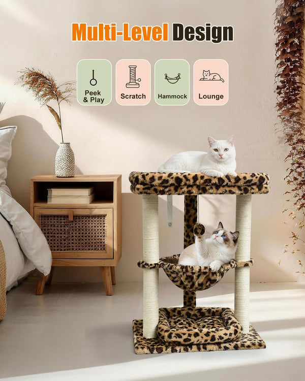SYANDLVY Leopard Print Small Cat Tree with Top Perch, Hammock & Bottom Bed | 3 Level, Natural Sisal Scratching Post Tower with Hanging Bell Ball and Anti-Tip Strap, Stable Indoor Cat Furniture5