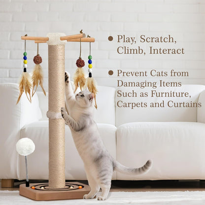 PAROTO Cat Scratching Post, Sisal Cat Tree Tower Scratcher for Indoor Cats Adults with Interactive Toys, Double Ball Track, 2 Mounting Methods, 25 Inches4