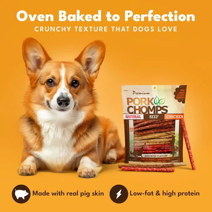 Pork Chomps Dog Chews, 5 in Munchy Sticks, Assorted Flavors, 50 Count | Oven-Baked from Real Pork Skin - a Rawhide-Free Chew That'S Low in Fat, High in Protein, and Easy to Digest2