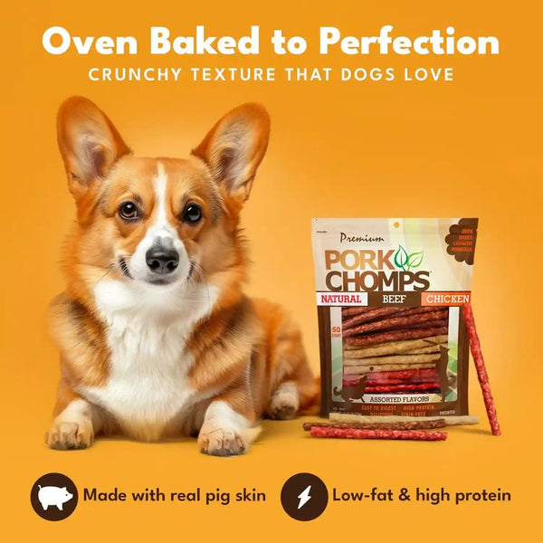 Pork Chomps Dog Chews, 5 in Munchy Sticks, Assorted Flavors, 50 Count | Oven-Baked from Real Pork Skin - a Rawhide-Free Chew That'S Low in Fat, High in Protein, and Easy to Digest2